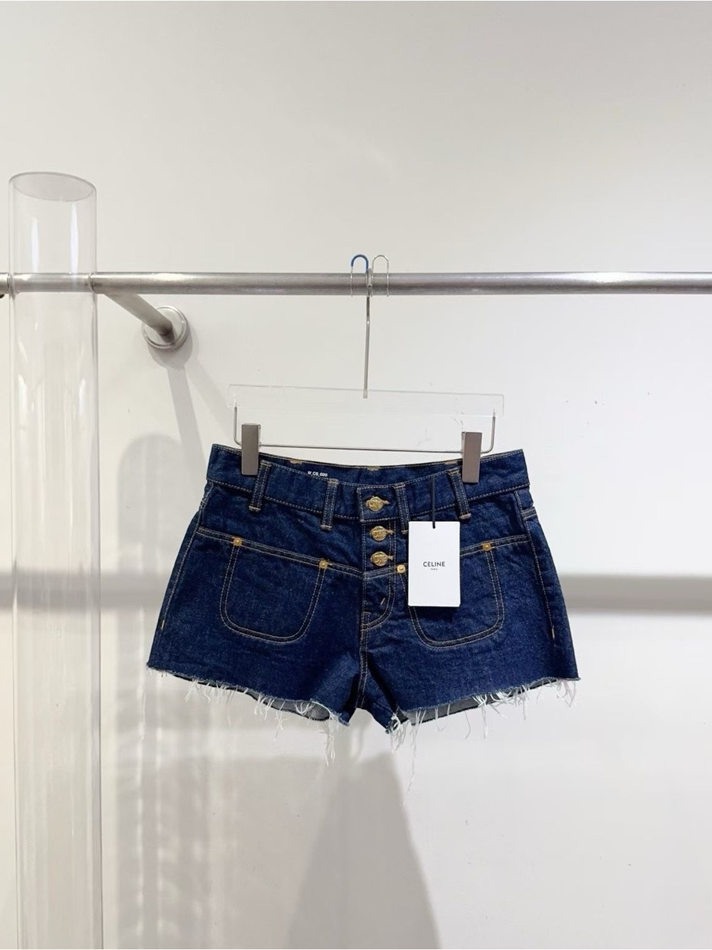 Celine Indigo Denim Frayed Hem High-Rise Shorts